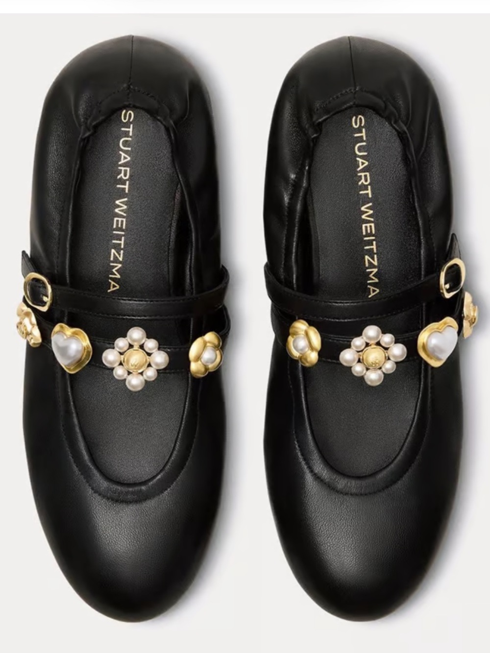 NWT! Stuart Weitzman Soft leather Mary Jane Flats with Gold & Pearls sz 8.5 / 39